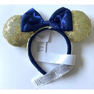 Disney Parks WDW 50th Anniversary Gold Sequin Blue Bow Ears Headband EARidescent